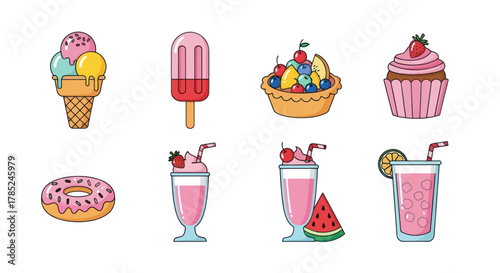 Assortment of sweet treats and drinks with colorful illustrations