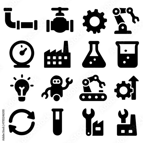 Industrial Engineering Icons: A detailed collection of essential industrial elements like pipes, valves, gears, robots, and laboratory equipment. Capturing the essence of industry, technology.