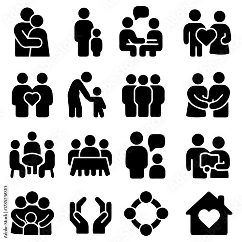 Symbolic Moments: An array of stylized black silhouettes depicts the heart of humanity – togetherness and shared experiences, capturing the essence of family, community and care. 