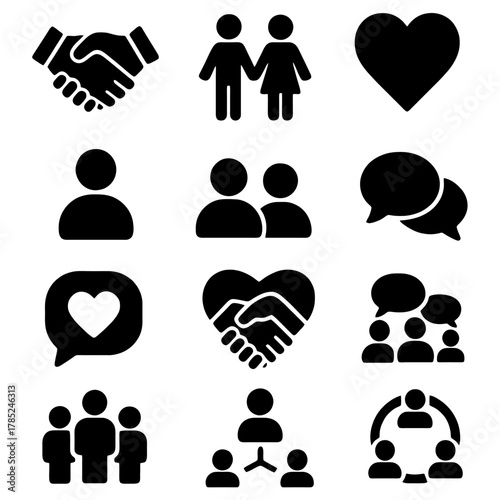 Diverse Symbols of Togetherness: An array of graphical icons expressing themes of connection, partnership, love, communication, and community.