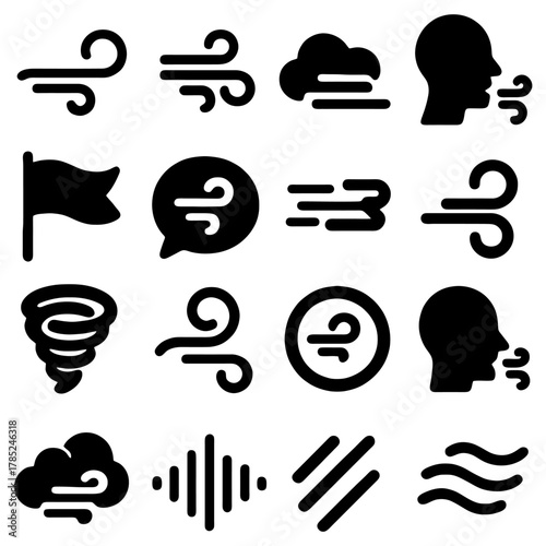 Windy Icons: A collection of diverse and stylized icons capturing various aspects of wind and weather, perfect for illustrating concepts related to climate and environmental science.