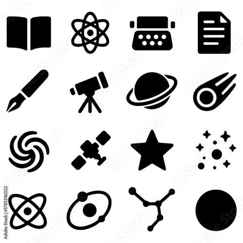 Cosmic Collection of Education and Exploration: An array of symbolic icons representing the boundless realms of knowledge, from the printed page to the cosmos. 