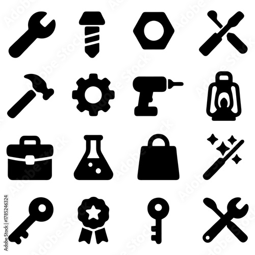 Diverse Tool Icons: A collection of various tools arranged meticulously, presenting a symbolic representation of diverse utilities for construction or fixing. 