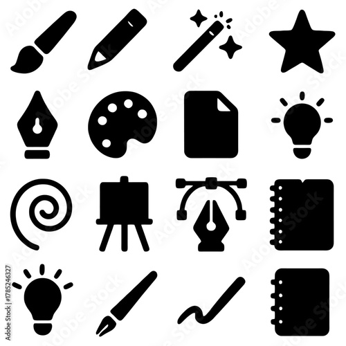 Artistic Toolkit: A graphic illustration showcasing a collection of essential tools for artistic creation and design, a palette of creativity, with brush, pencil, magic wand, and a notebook. 