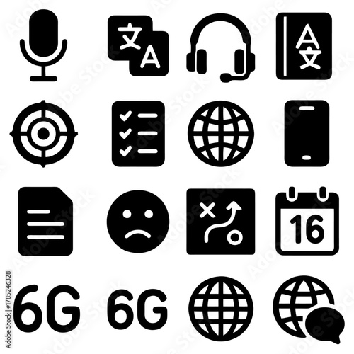 Icon Set of Tech and Information: A minimalist icon set showcasing essential elements for technology and information-related fields, with clear, modern designs emphasizing simplicity and usability. 