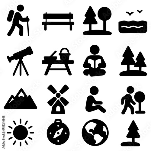 Outdoor Recreation Icons: A set of black icons depicting various outdoor activities, from hiking and stargazing to relaxing by the water and enjoying nature.