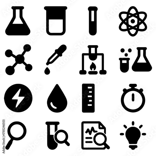 Science Lab Essentials: A meticulously composed collection of science lab icons, featuring an array of lab equipment essential for research and scientific inquiry.