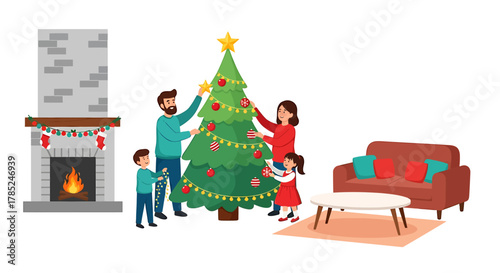Family Decorating Christmas Tree Together in Cozy Living Room.