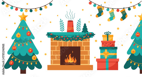 Festive Christmas Scene with Tree, Fireplace, and Decorations.