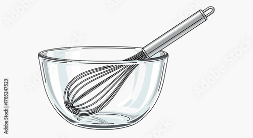 Vector illustration of a wire whisk in a clear glass mixing bowl, a simple icon for cooking, baking, and food preparation on an isolated white background