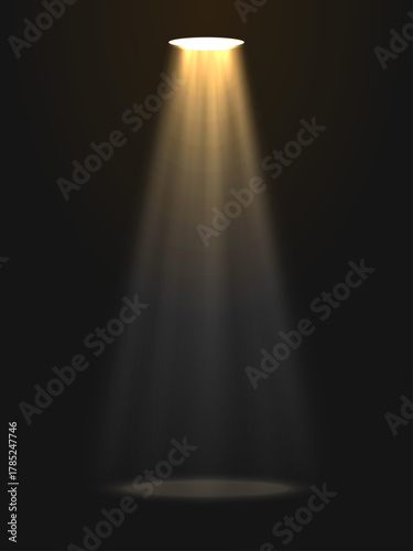 Golden spotlight on dark background. Realistic light beam shining down from  ceiling on dark empty stage. Dramatic theatrical lighting effect. Editable vector illustration.