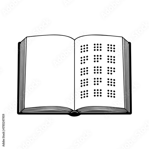 Black and white illustration of an open book revealing a page with Braille dots, symbolizing accessibility, literacy, and inclusive education for the visually impaired
