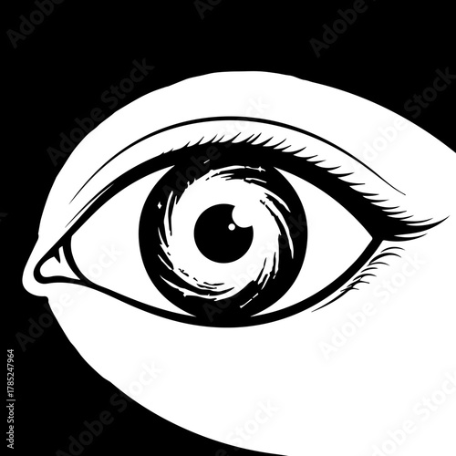 Abstract graphic design featuring a stylized human eye with a swirling vortex iris, symbolizing mystery, perception, and a unique artistic vision, perfect for conceptual projects