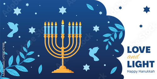Minimalist Happy Hanukkah Greeting Card Illustration with Menorah,  and Doves Festive Jewish Holiday Symbols