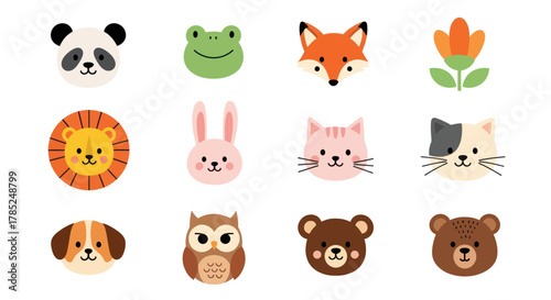 Cartoon animal faces set panda fox cat bear and more cute characters