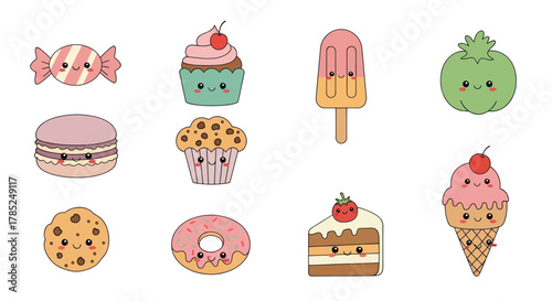 Cartoon desserts collection various treats with smiling faces on white background