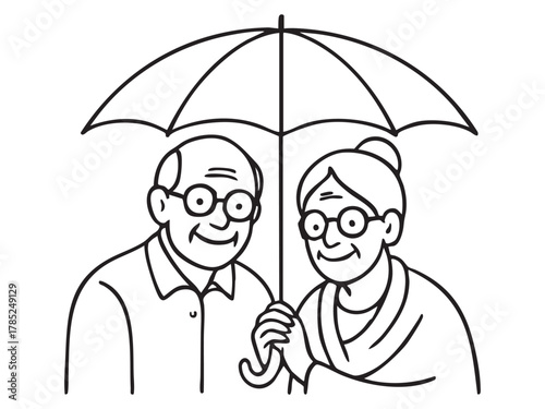 Black outline illustration of elderly couple sharing an umbrella, isolated on white background. concept of love, companionship, senior care, icon, logo, design element.