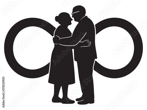 Black silhouette of elderly couple embracing with infinity symbol, isolated on white background. concept of love, eternity, senior romance, icon, logo, design element