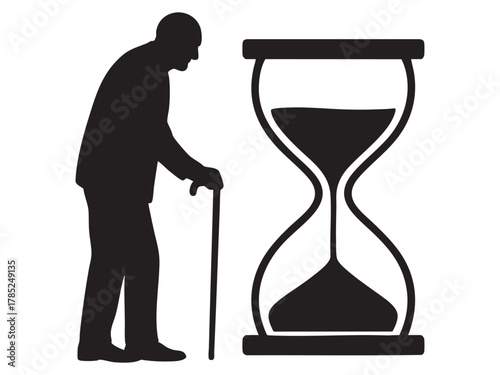 Black silhouette of elderly man with cane next to large hourglass, isolated on white background. concept of aging, time, life, senior citizen, mortality, icon, design element