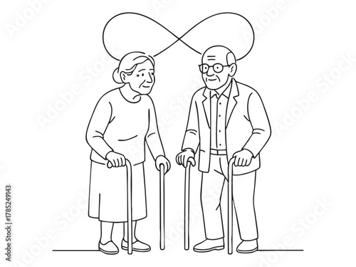 Continuous one line drawing of elderly couple with walking sticks and infinity symbol, isolated on white background. concept of love, longevity, senior care, unity, art, design