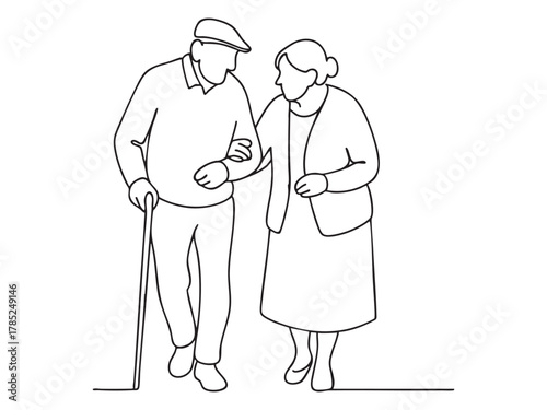 Continuous one line drawing of elderly couple walking together with cane, illustration on white background. concept of love, companionship, aging, support, minimalist art, design element