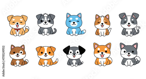 Cartoon dogs collection diverse pups with cheerful expressions and poses