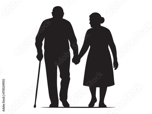 Black silhouette of elderly couple walking together, isolated on white background. concept of senior love, companionship, aging gracefully, icon, logo, design element