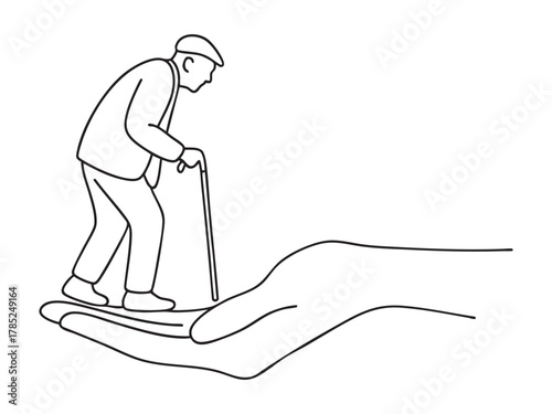 Continuous one line drawing of elderly man walking with cane on hand, minimalist art. concept of support, aging, care, senior, compassion, illustration, design element