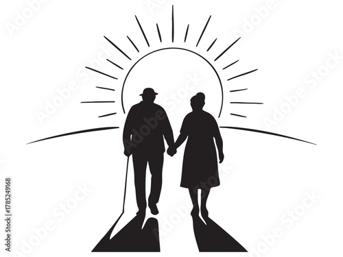 Black silhouette of elderly couple holding hands, walking towards sunrise, isolated on white background. concept of love, companionship, aging, sunset, relationship.