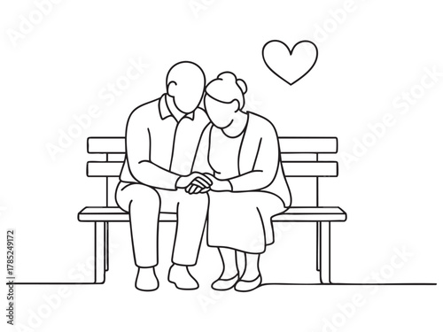 Black outline of elderly couple sitting on bench with heart, continuous one line drawing. concept of love, companionship, romance, senior, art, icon, design element