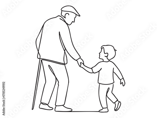 Black outline of elderly man with cane and young child holding hands, continuous one line drawing. concept of family bond, generations, love, support, minimalist art