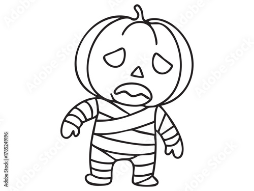 Black outline of sad jack-o-lantern character wrapped in bandages, isolated on white background. concept of halloween, pumpkin, mummy costume, spooky, character, design element