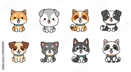 Cartoon dogs collection featuring various breeds in a smiling pose isolated
