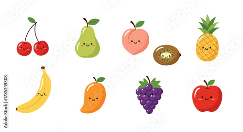 Cartoon fruit collection isolated illustrations of various smiling food items