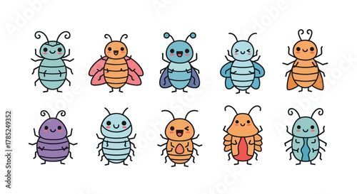 Cartoon insects collection with various colors and expressions on white background