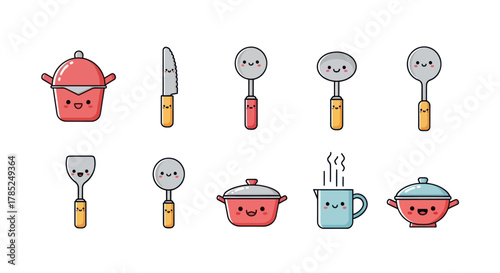 Cartoon kitchen tools collection with smiling faces on a white background