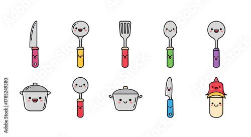 Cartoon kitchen utensils and cookware set on a white background