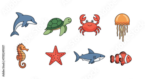 Cartoon ocean creatures illustration dolphin turtle crab jellyfish seahorse