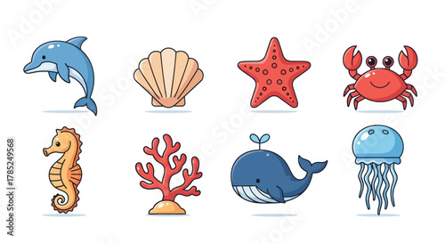 Cartoon ocean life dolphin shell starfish crab seahorse coral whale jellyfish