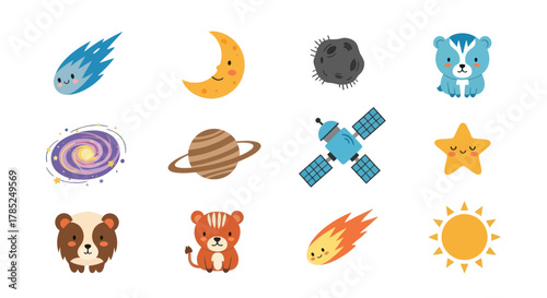 Cartoon planets and celestial bodies with smiling faces for education
