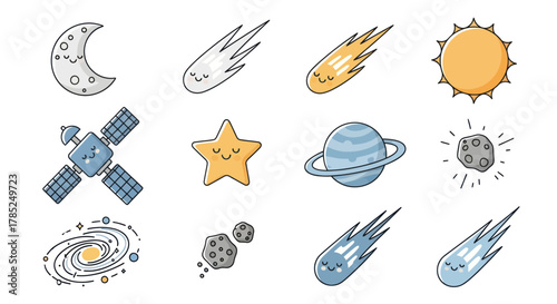 Cartoon space elements moon comet sun star planet satellite galaxy isolated