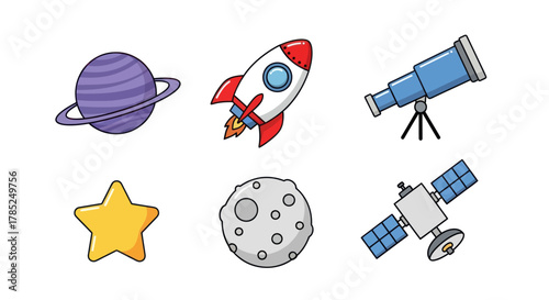 Cartoon space elements planet rocket telescope star moon and satellite