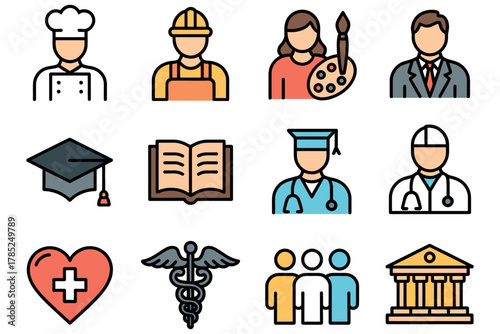 A collection of diverse career icons represents various professions and educational paths.