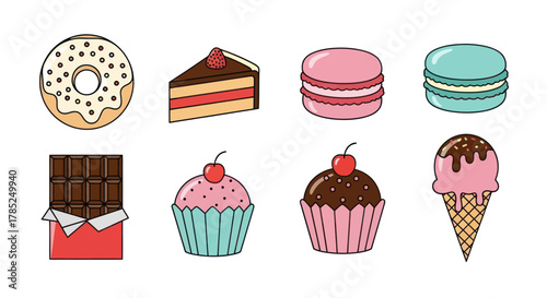 Assortment of colorful desserts isolated on white background with copy space