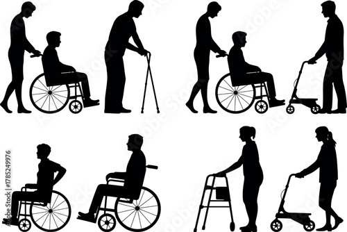 Silhouettes of people assisting individuals with mobility challenges.