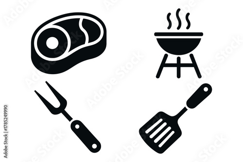 Icons representing a steak, a grill, a fork, and a spatula symbolize grilling.