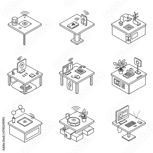 smart home devices on desks showing connectivity a concept of a connected workspace in a modern home illustrating smart technology automation iot