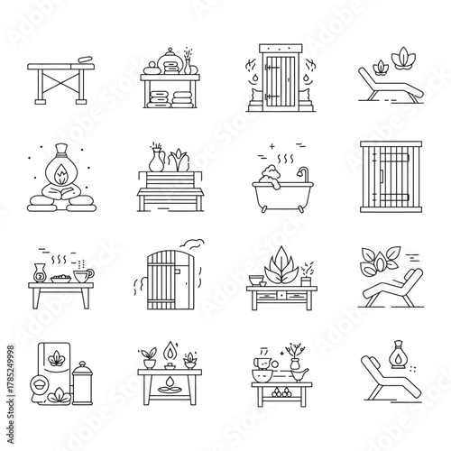 spa and wellness icons illustrations of massage sauna therapy and relaxation equipment for health beauty and tranquil resort promotions