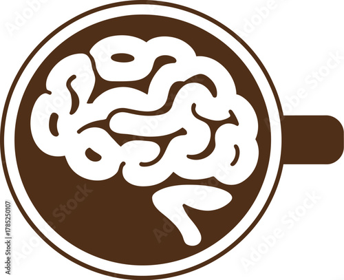 A coffee cup filled with a white brain shape on a brown background.