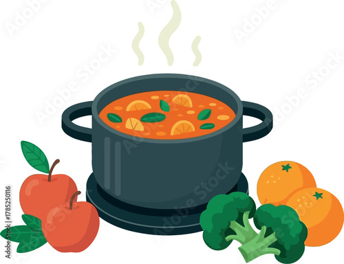 A pot of hot soup is surrounded by fresh apples, oranges, and broccoli.
